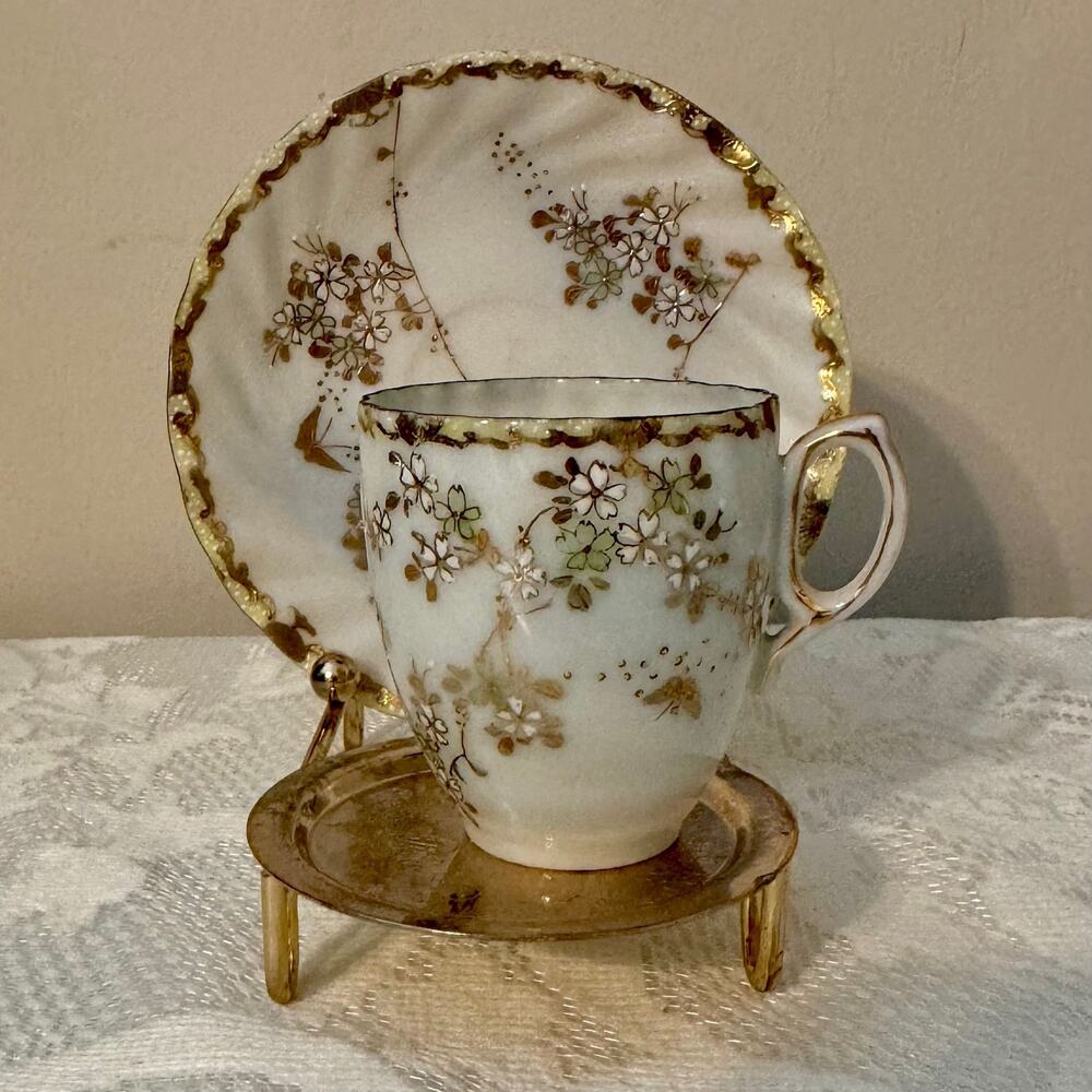 Gold Butterfly & White Floral Small Demitasse Cup & Saucer Set